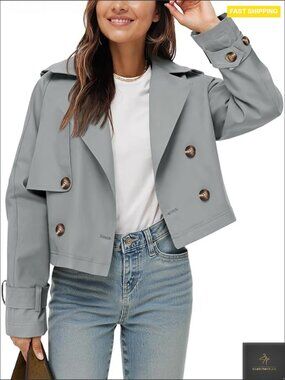 Cropped Trench Coat Double Breasted Notch Lapel Lightweight Windbreaker Spring
